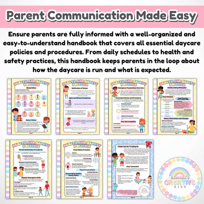 Daycare Policies and Procedures on health and safety related topics included in the Parent Handbook sample pages