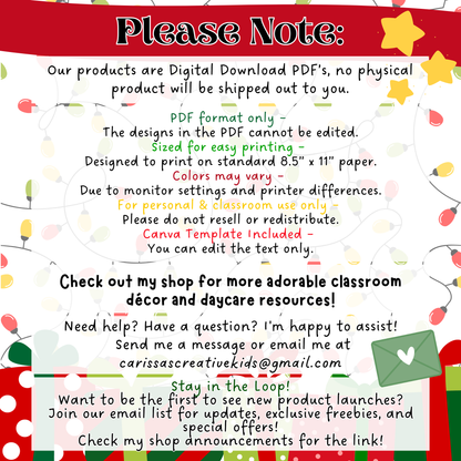 Digital Download Disclaimer for Christmas Daycare Parent Board – Includes Canva template notice, printing instructions, and support contact info. PDF formatted for 8.5” x 11” printing. No physical product shipped. For personal and classroom use only.