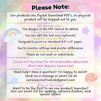 mportant note about digital download product: includes PDF and editable Canva template, no physical item shipped. Designed for classroom or daycare use.
