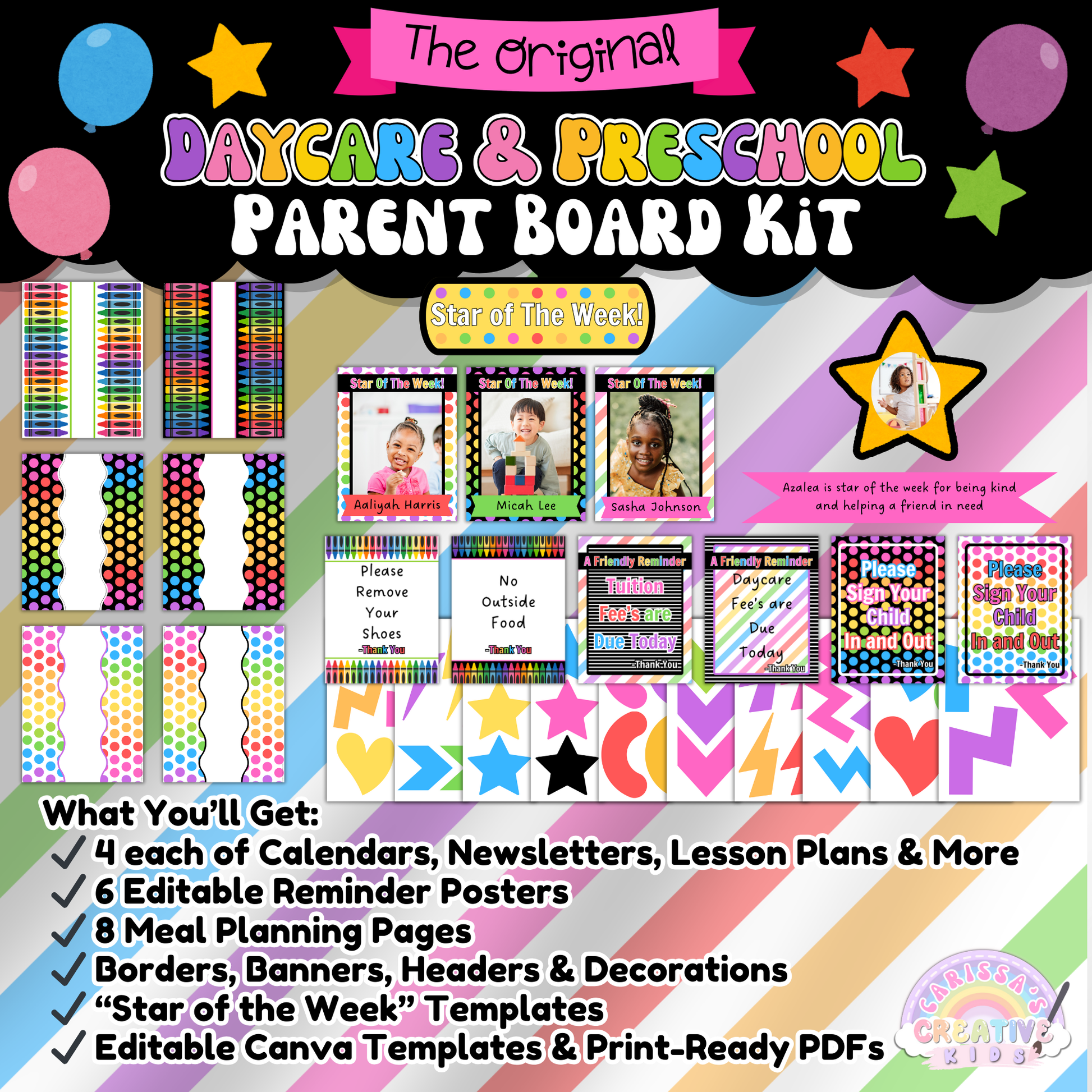 Includes four sign-in/sign-out sheets and four daily schedule templates to help track attendance and inform families of daily routines. Designed for quick printing and professional presentation on your parent board.