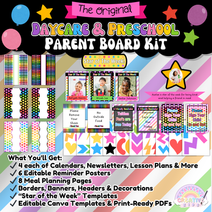 Includes four sign-in/sign-out sheets and four daily schedule templates to help track attendance and inform families of daily routines. Designed for quick printing and professional presentation on your parent board.