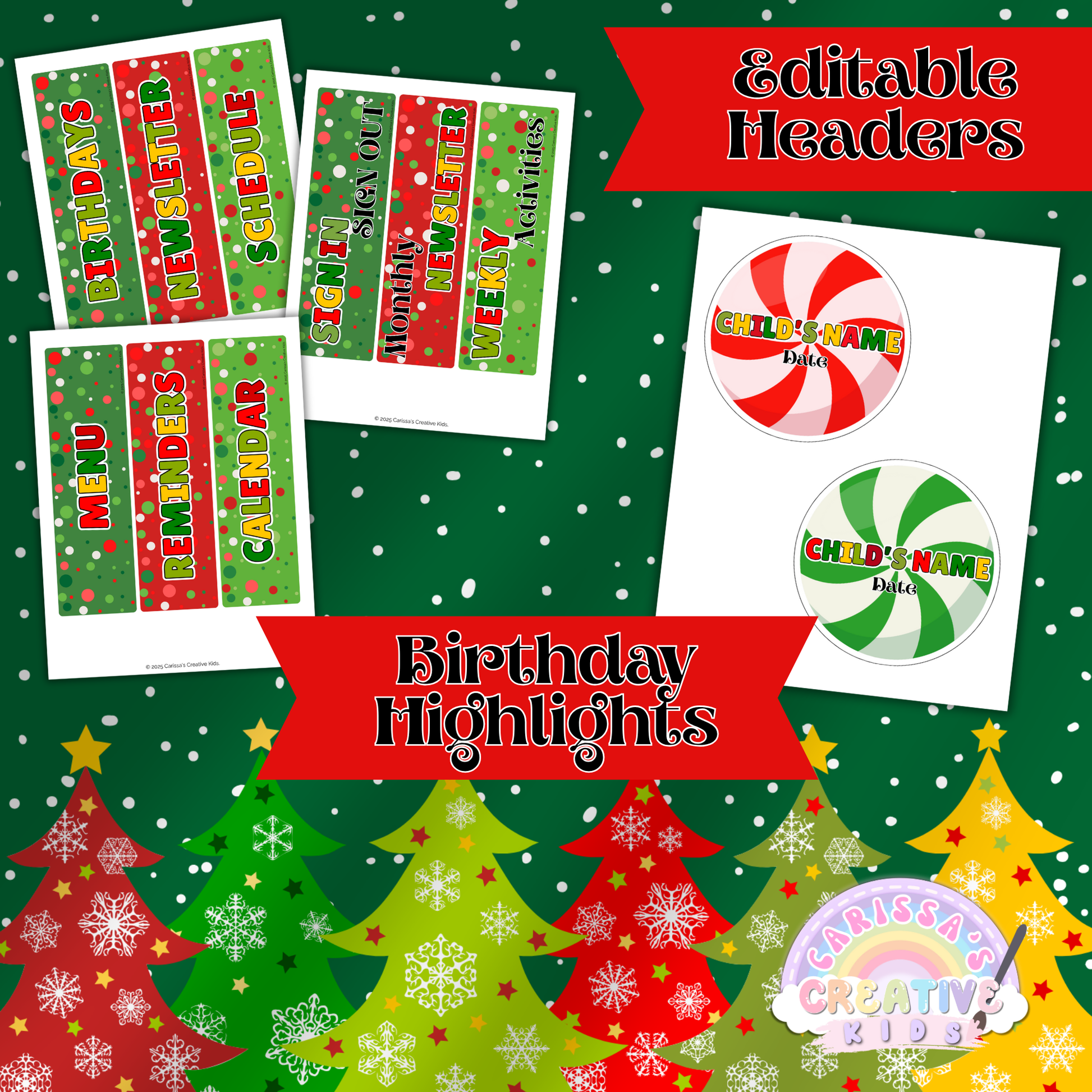 Christmas Parent Board Editable Headers and Birthday Highlights – Holiday-themed section headers for reminders, calendar, menu, schedule, and more. Includes peppermint-style birthday circles for preschool or daycare classroom displays. Fully editable in Canva.