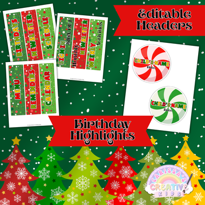 Christmas Parent Board Editable Headers and Birthday Highlights – Holiday-themed section headers for reminders, calendar, menu, schedule, and more. Includes peppermint-style birthday circles for preschool or daycare classroom displays. Fully editable in Canva.