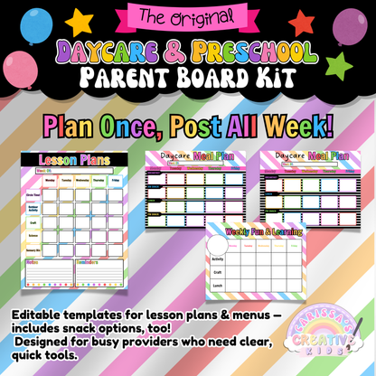 Editable templates for weekly lesson planning and daily meal planning with options for breakfast, snacks, and lunch. Designed to save time and help providers communicate learning and nutrition plans with parents.
