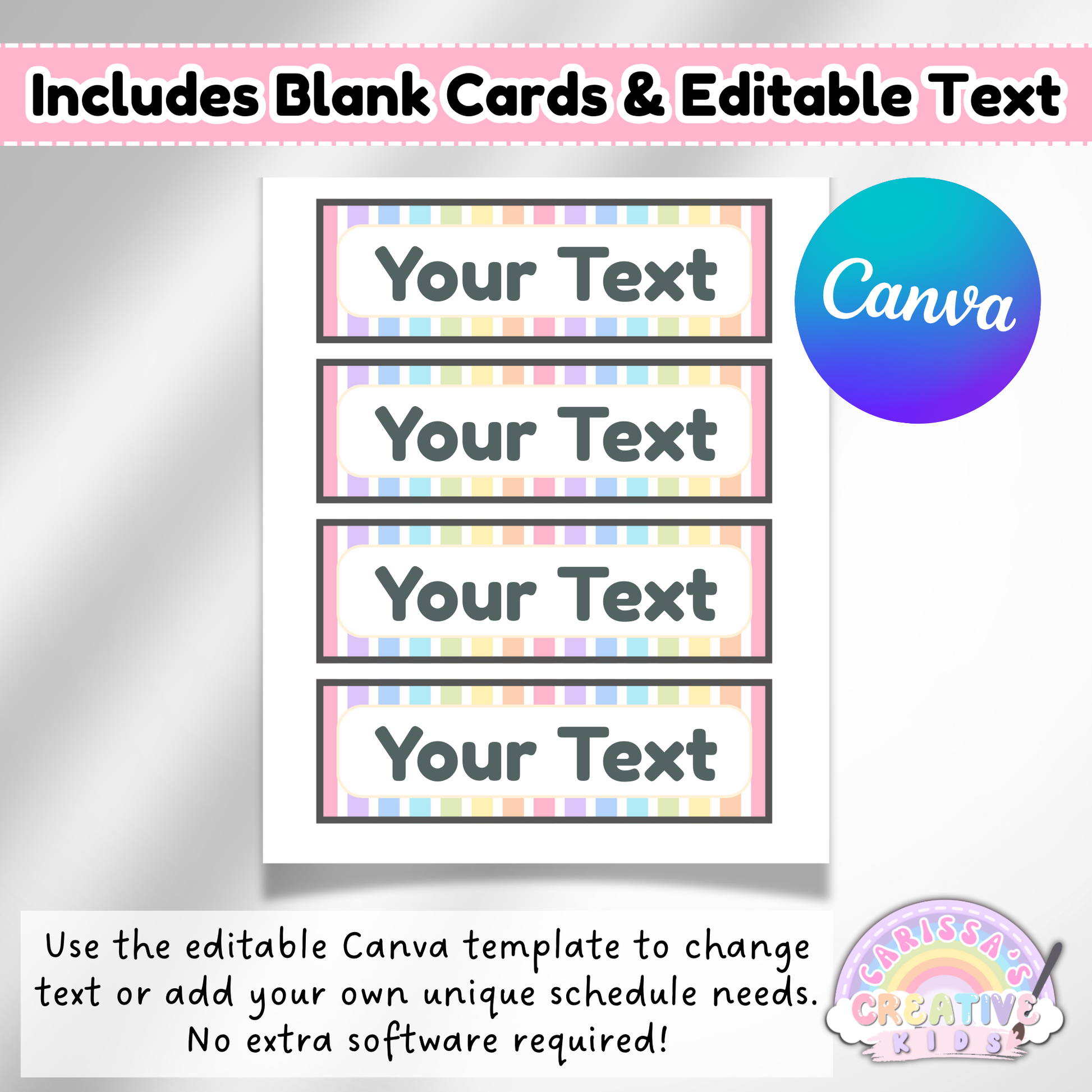 Editable Canva template showing blank visual schedule cards labeled 'Your Text' for customizing preschool and daycare classroom routines.