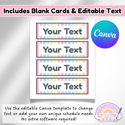Editable Canva template showing blank visual schedule cards labeled 'Your Text' for customizing preschool and daycare classroom routines.