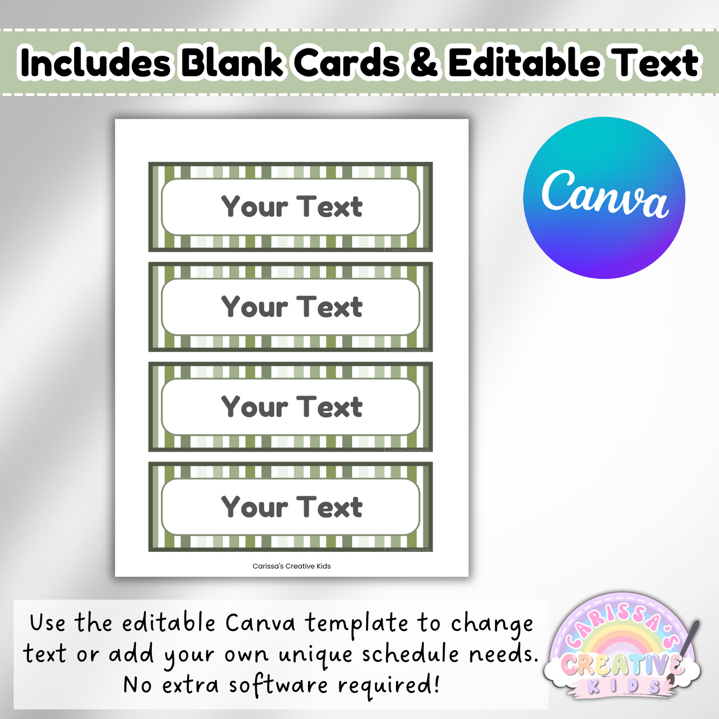 Editable Canva template showing blank visual schedule cards labeled 'Your Text' for customizing preschool and daycare classroom routines.