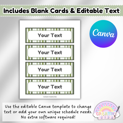 Editable Canva template showing blank visual schedule cards labeled 'Your Text' for customizing preschool and daycare classroom routines.
