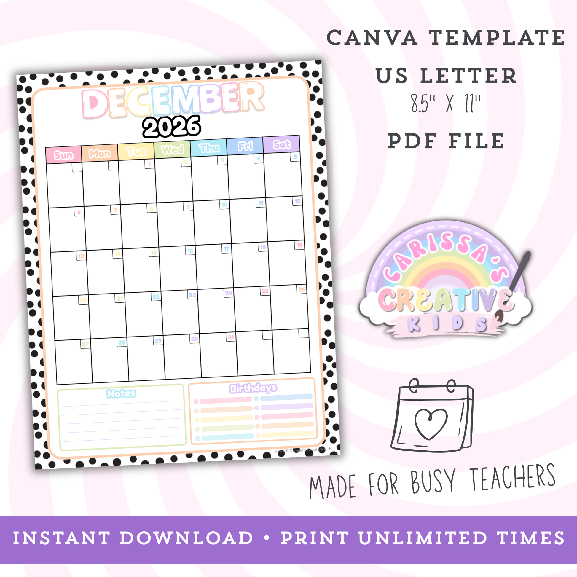 Polka-Dot Pastels 2026–2027 printable teacher calendar page with US Letter size details, print-ready PDF format, and Canva template access for text-only editing (type in dates before printing).