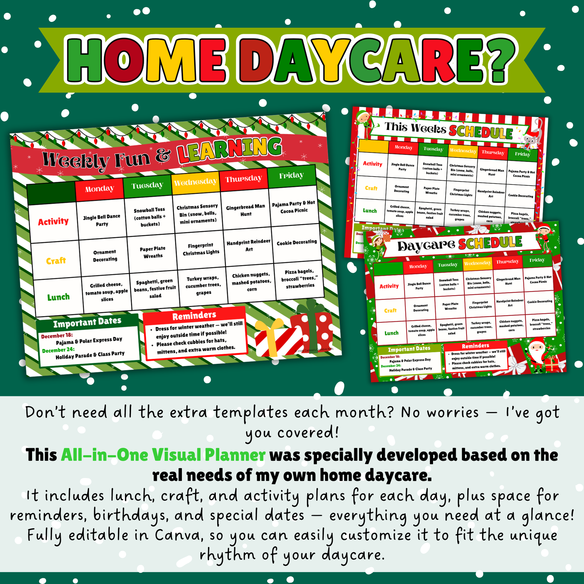 Home Daycare Weekly Visual Planner – Editable Christmas-themed schedule with lunch, craft, and activity plans. Designed for small daycare providers who need an all-in-one printable to manage daily routines, birthdays, and special dates with ease.