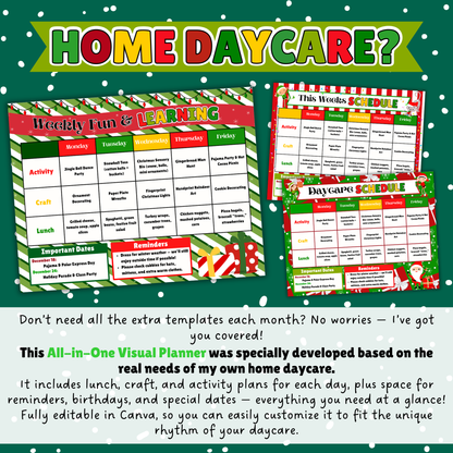 Home Daycare Weekly Visual Planner – Editable Christmas-themed schedule with lunch, craft, and activity plans. Designed for small daycare providers who need an all-in-one printable to manage daily routines, birthdays, and special dates with ease.