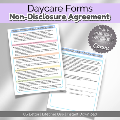 Daycare NDA Forms- Non-Disclosure Agreement for Childcare Providers, Childcare Centers and Preschools.