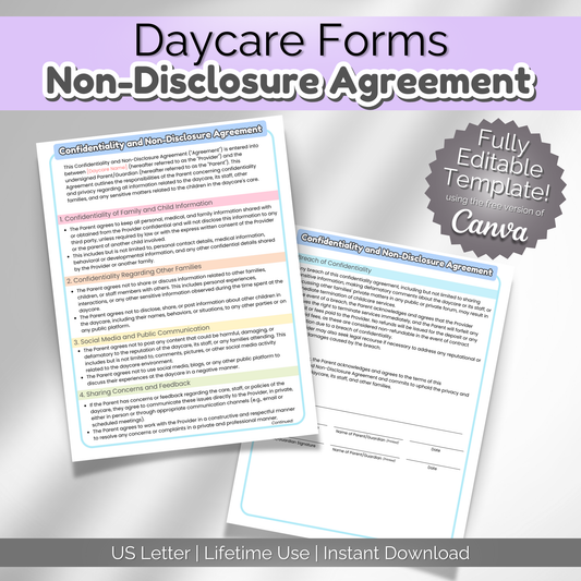 Daycare NDA Forms- Non-Disclosure Agreement for Childcare Providers, Childcare Centers and Preschools.