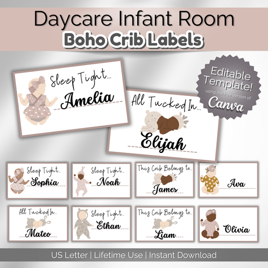 Boho Daycare Crib Labels Infant Classroom Printables Template | Cubbie Name Tags