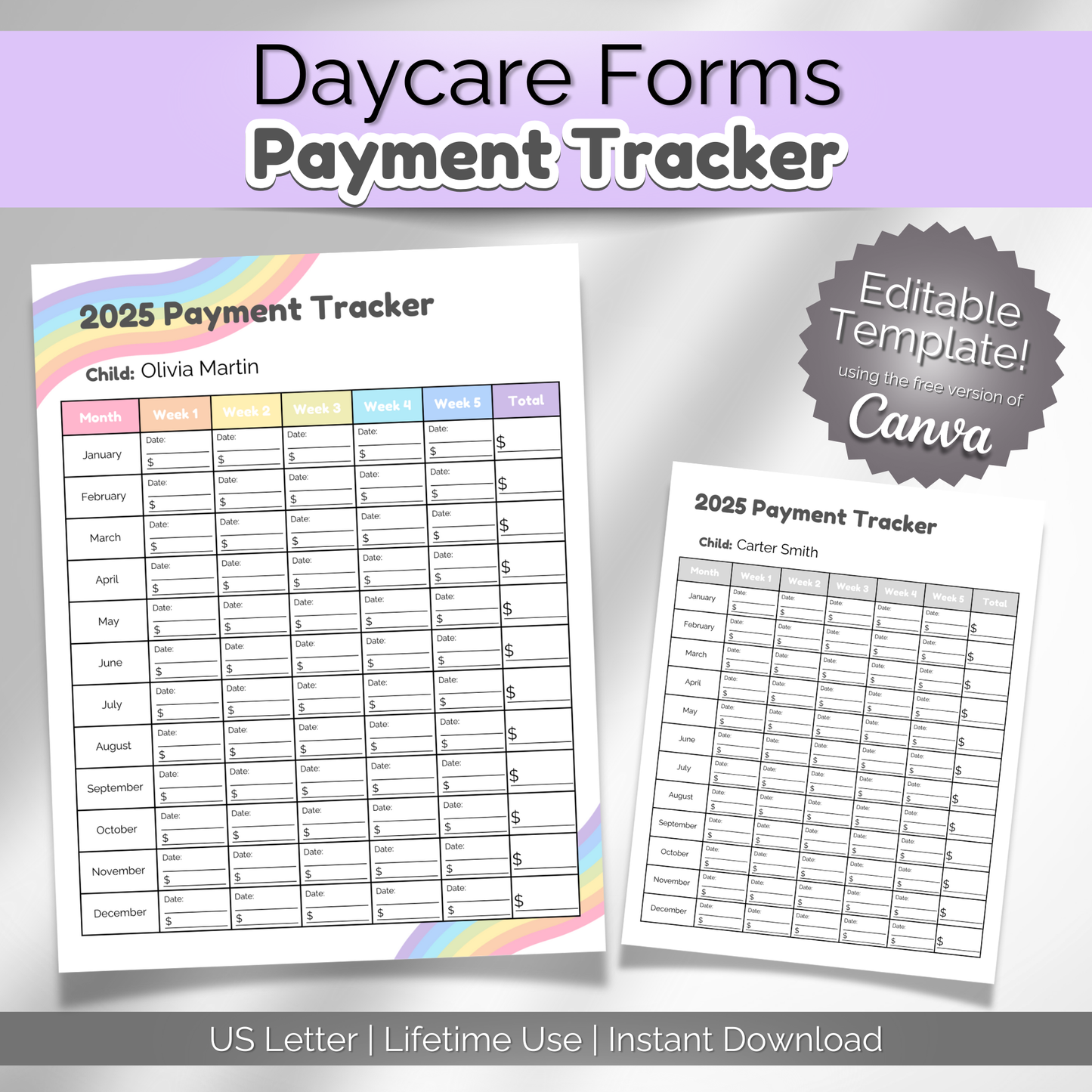 Daycare Forms Payment Tracker | Editable Template Childcare Tuition Log