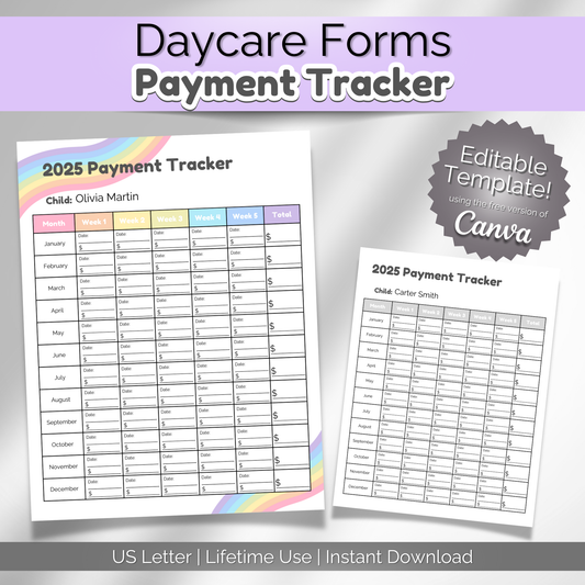 Daycare Forms Payment Tracker | Editable Template Childcare Tuition Log
