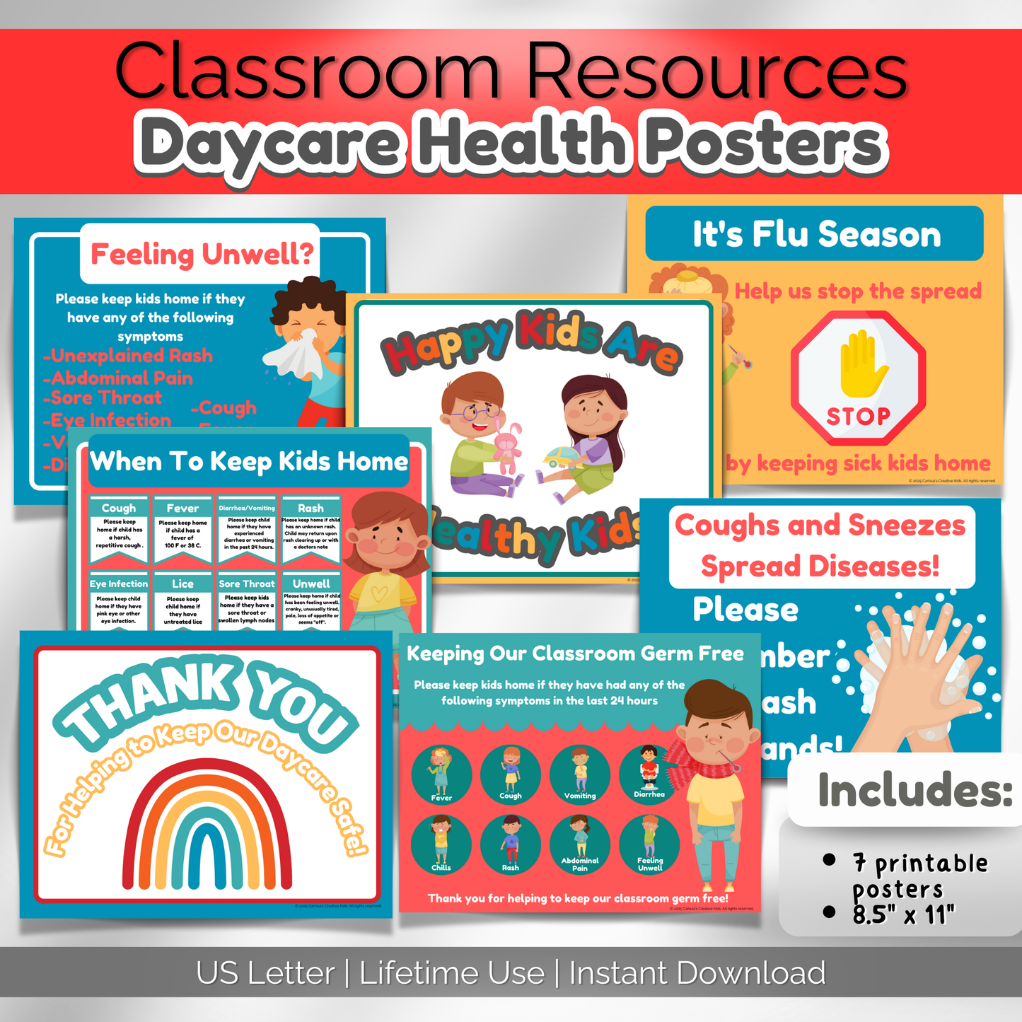 Daycare Health Posters | Primary Colors