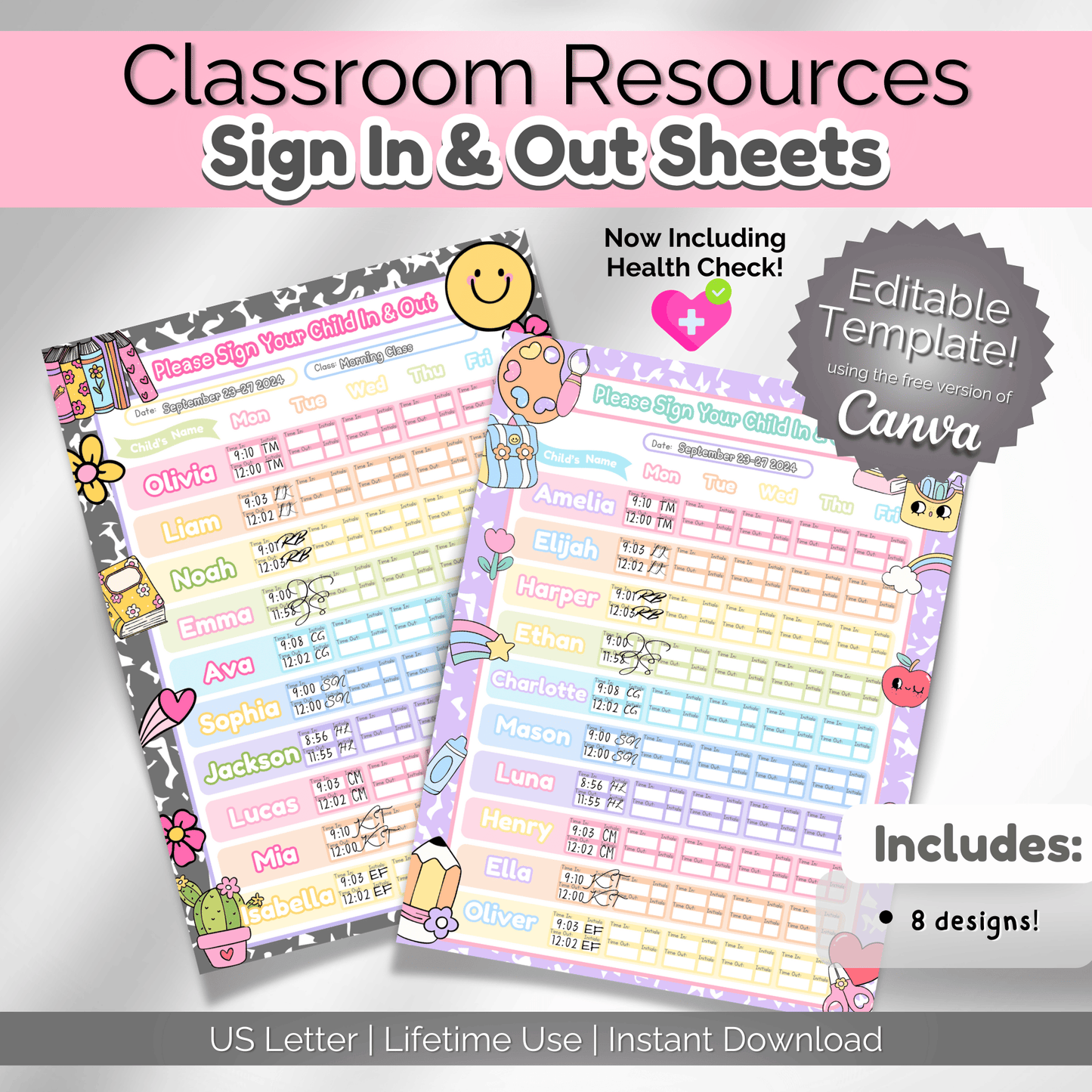 Childcare Sign in and Out Sheets | Printable PDF Canva Template