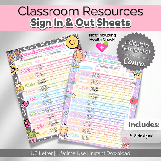 Childcare Sign in and Out Sheets | Printable PDF Canva Template