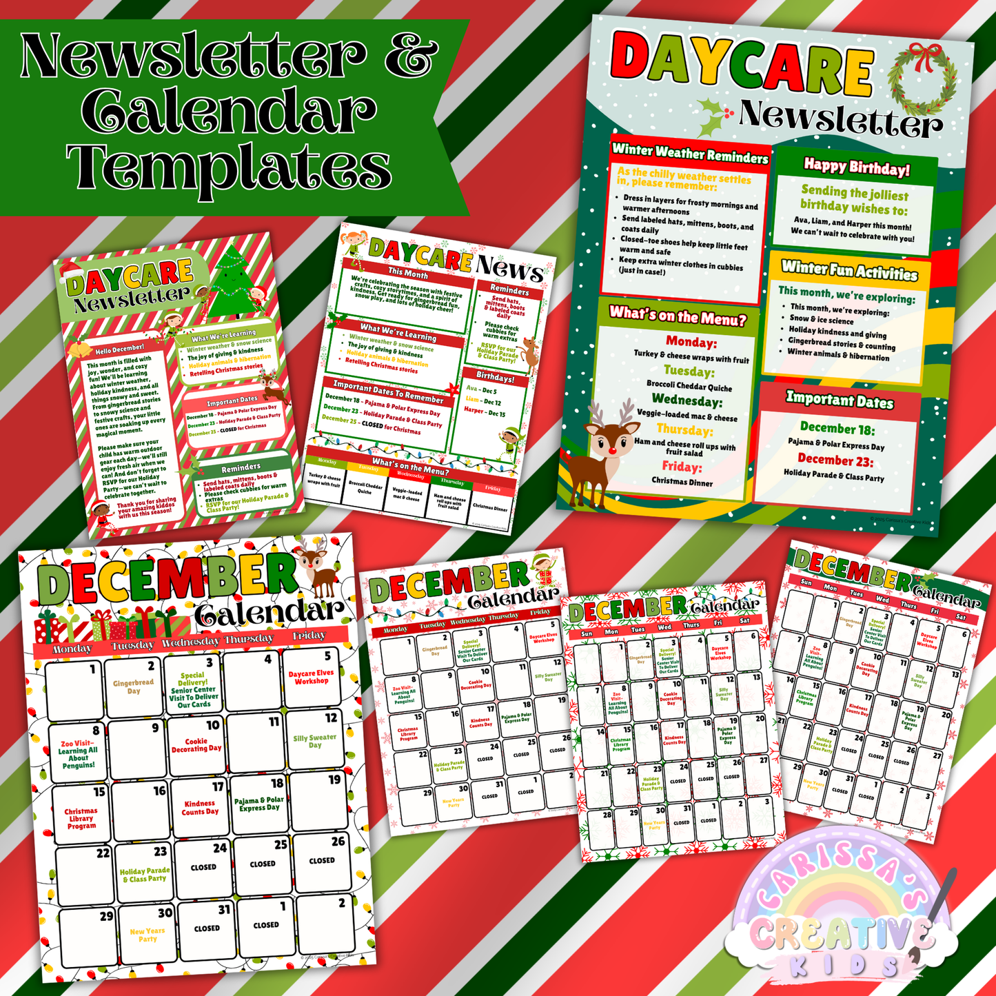 Newsletter and Calendar Templates for Daycare Parent Board – Christmas-themed editable printables for December communication. Includes holiday newsletters and five calendar formats to keep families informed and your classroom organized all month long.