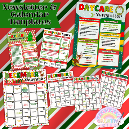 Newsletter and Calendar Templates for Daycare Parent Board – Christmas-themed editable printables for December communication. Includes holiday newsletters and five calendar formats to keep families informed and your classroom organized all month long.