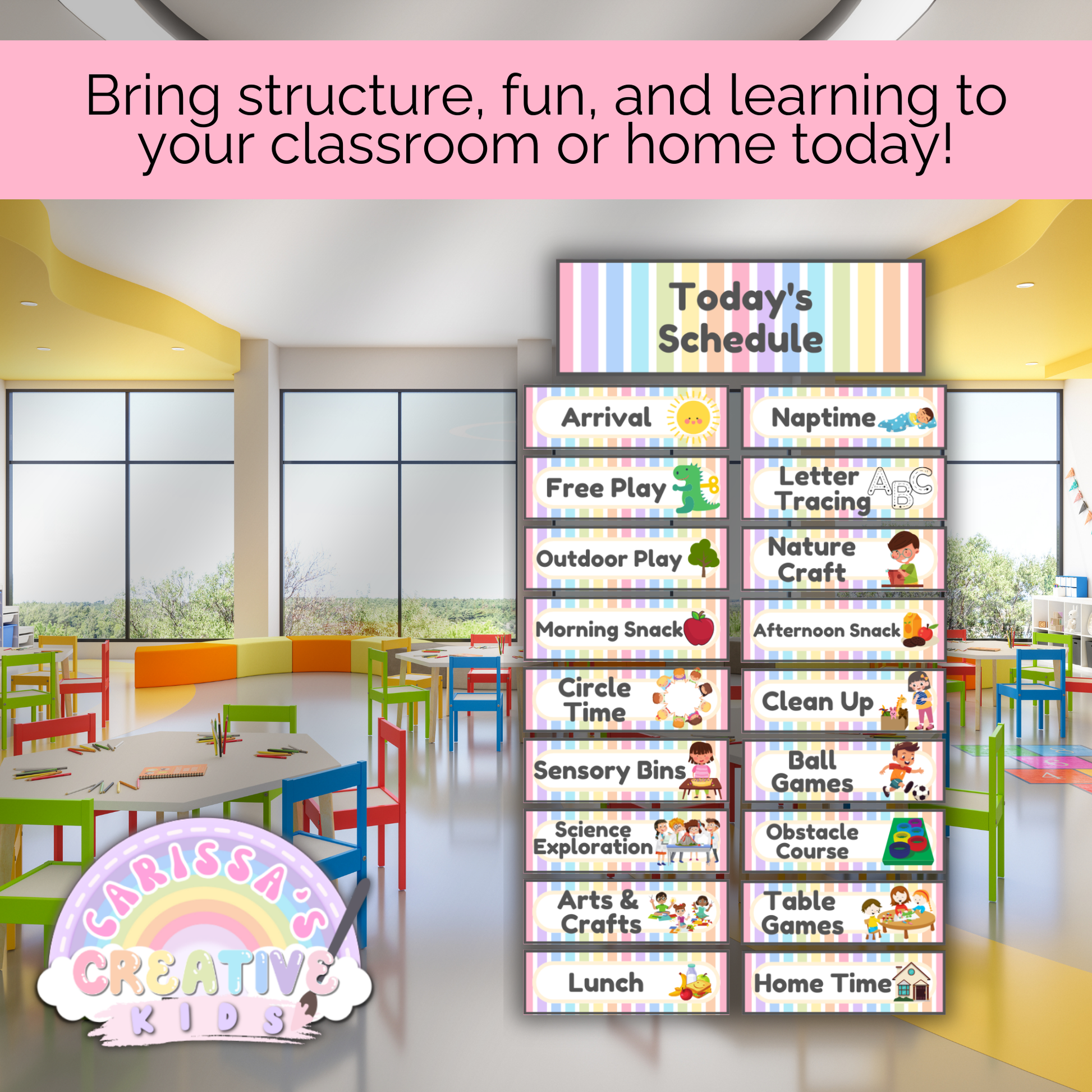 Printable daily schedule cards displayed in a bright preschool classroom, helping organize routines like circle time, snack, and arts and crafts.
