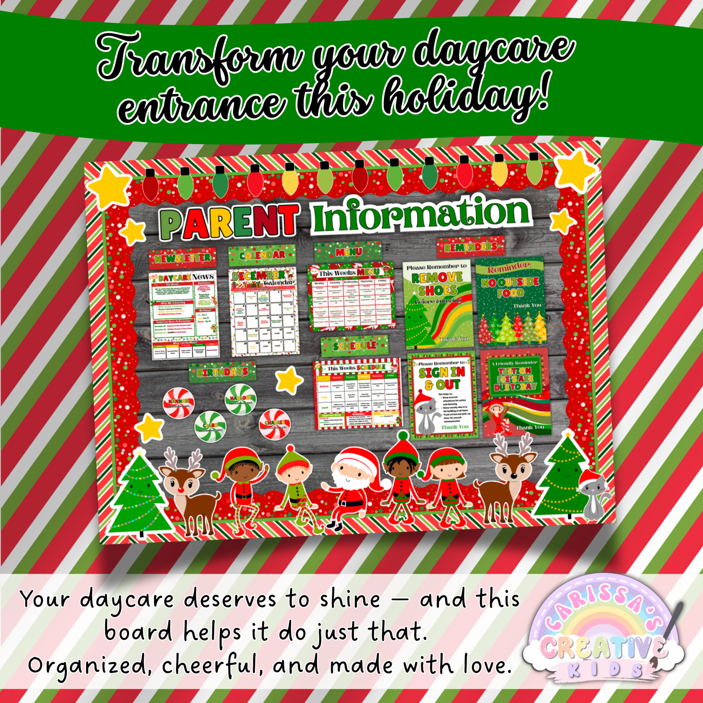 Transform Your Daycare Entrance This Holiday – Christmas-themed Parent Information Board for preschool and daycare. Features editable templates for reminders, menus, newsletters, and schedules with Santa’s Little Helpers design. Organized, cheerful, and made with love.