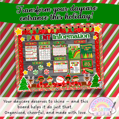 Transform Your Daycare Entrance This Holiday – Christmas-themed Parent Information Board for preschool and daycare. Features editable templates for reminders, menus, newsletters, and schedules with Santa’s Little Helpers design. Organized, cheerful, and made with love.