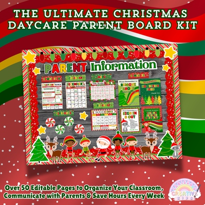 Ultimate Christmas Daycare Parent Board Kit – Over 50 Editable Pages for Preschool & Nursery Communication. Includes holiday bulletin board display with calendar, schedule, newsletter, reminders, and more. Santa’s Little Helpers theme for December classroom decor.