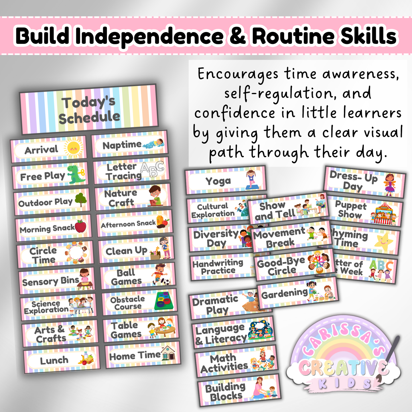 Visual schedule cards for preschool and daycare that support independence and routine-building with activities like yoga, story time, math, and dramatic play.