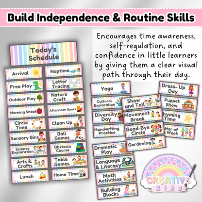 Visual schedule cards for preschool and daycare that support independence and routine-building with activities like yoga, story time, math, and dramatic play.