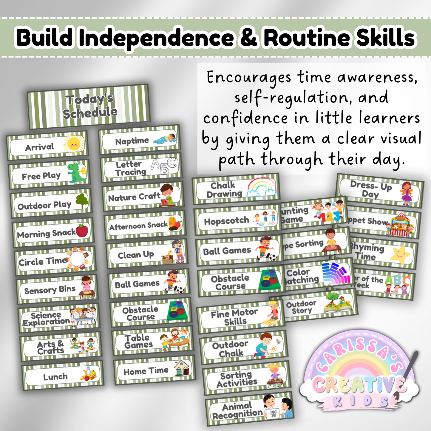 Visual schedule cards for preschool and daycare that support independence and routine-building with activities like yoga, story time, math, and dramatic play.