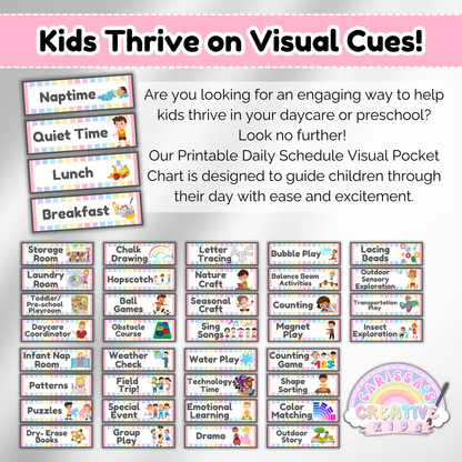 Printable visual schedule cards for preschool and daycare featuring a variety of activities like quiet time, letter tracing, puzzles, and group play to help kids thrive on routine.