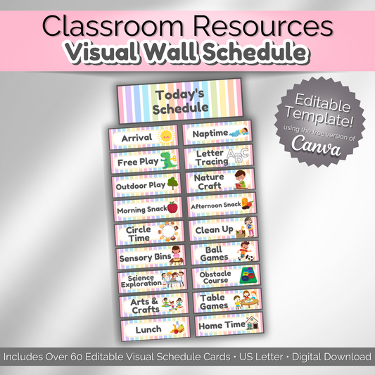 Main product image for printable classroom visual wall schedule featuring over 60 daily routine cards for daycare and preschool. Includes editable Canva template and colorful activity cards for children.