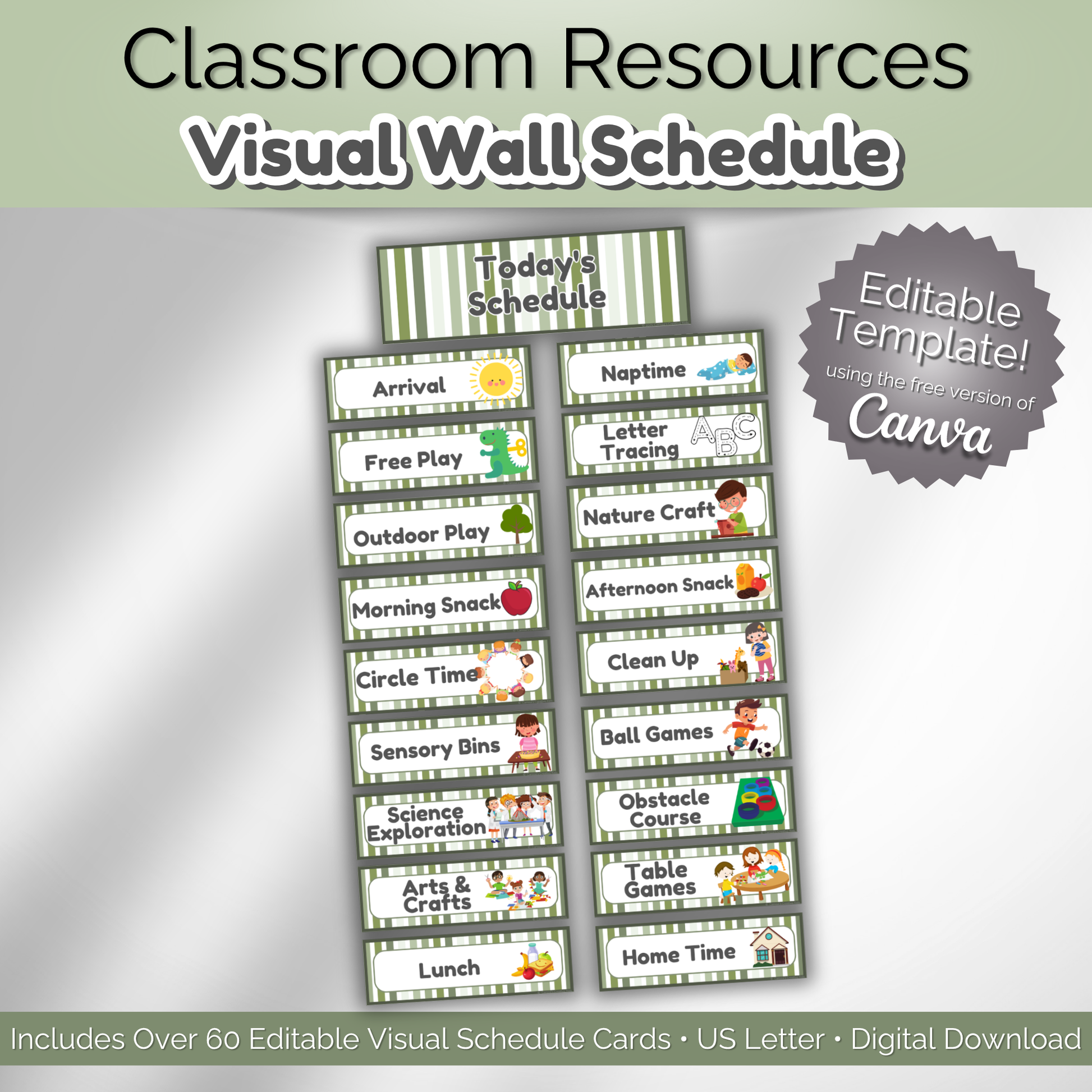 Main product image for printable classroom visual wall schedule featuring over 60 daily routine cards for daycare and preschool. Includes editable Canva template and colorful activity cards for children.
