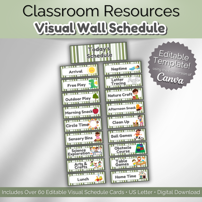 Main product image for printable classroom visual wall schedule featuring over 60 daily routine cards for daycare and preschool. Includes editable Canva template and colorful activity cards for children.