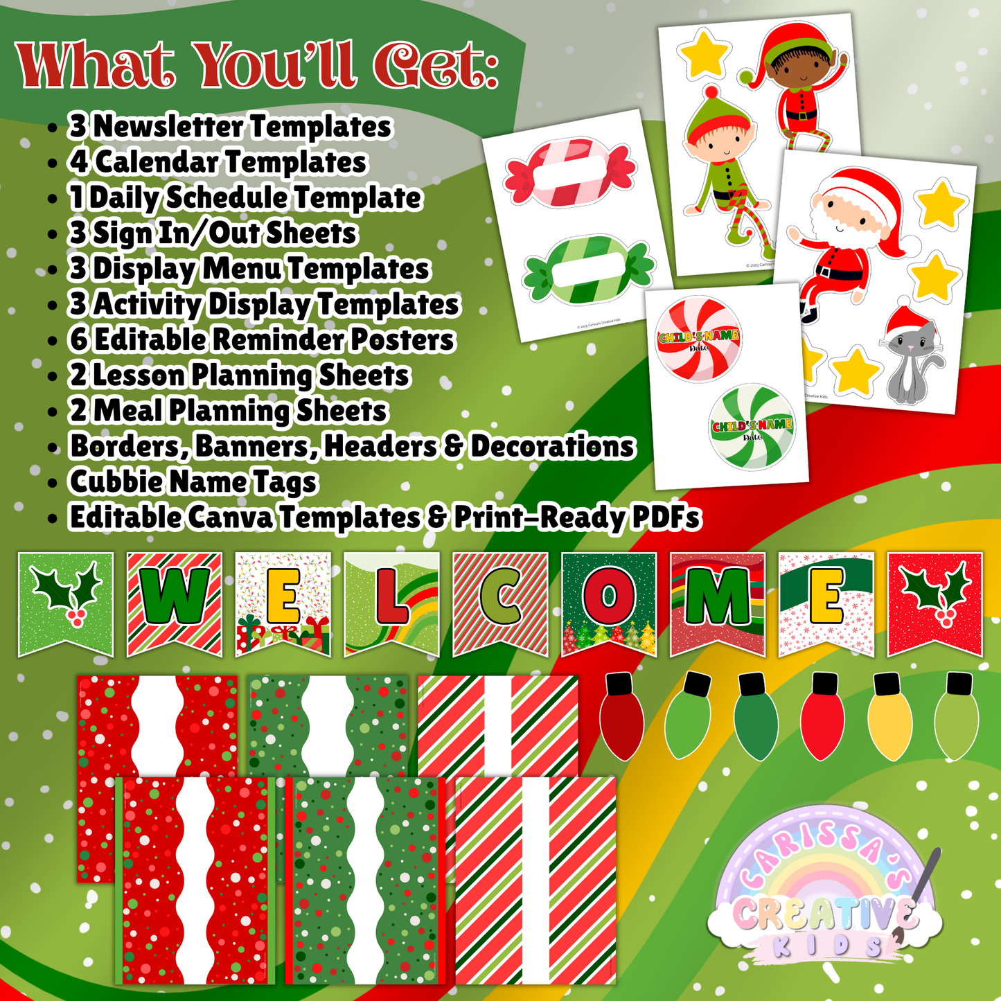 Christmas Daycare Parent Board Kit – Includes editable templates for newsletter, calendar, daily schedule, menu, reminders, lesson planning, and more. Features Santa’s Little Helpers theme with printable decor, borders, name tags, and Canva links. Perfect for holiday classroom organization.