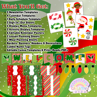 Christmas Daycare Parent Board Kit – Includes editable templates for newsletter, calendar, daily schedule, menu, reminders, lesson planning, and more. Features Santa’s Little Helpers theme with printable decor, borders, name tags, and Canva links. Perfect for holiday classroom organization.