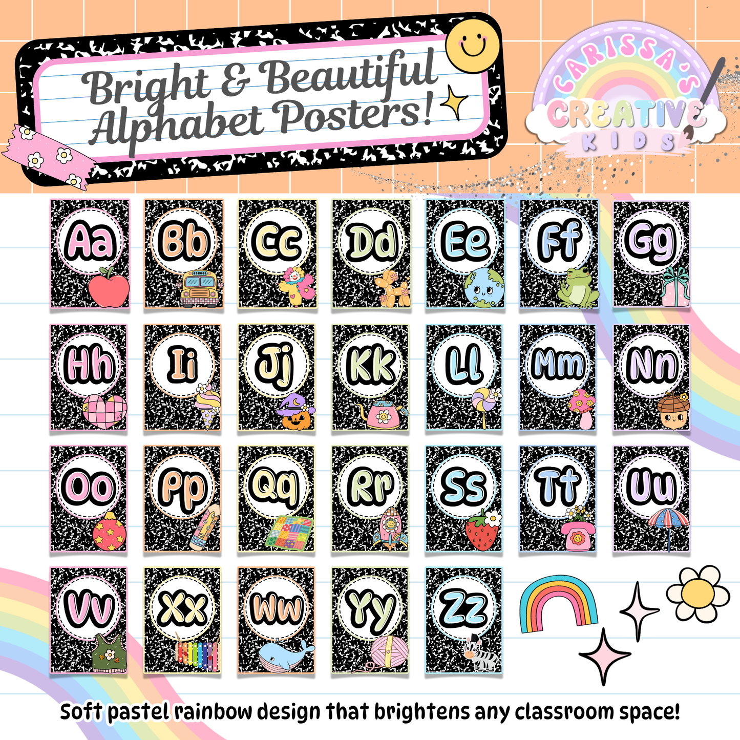 Complete A–Z set of Retro Rainbow Alphabet Posters with uppercase and lowercase letters. Each poster includes soft pastel accents and cute clipart for letter recognition. Perfect for preschool classrooms, homeschool walls, or daycare learning spaces.