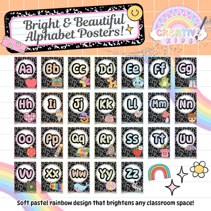 Complete A–Z set of Retro Rainbow Alphabet Posters with uppercase and lowercase letters. Each poster includes soft pastel accents and cute clipart for letter recognition. Perfect for preschool classrooms, homeschool walls, or daycare learning spaces.