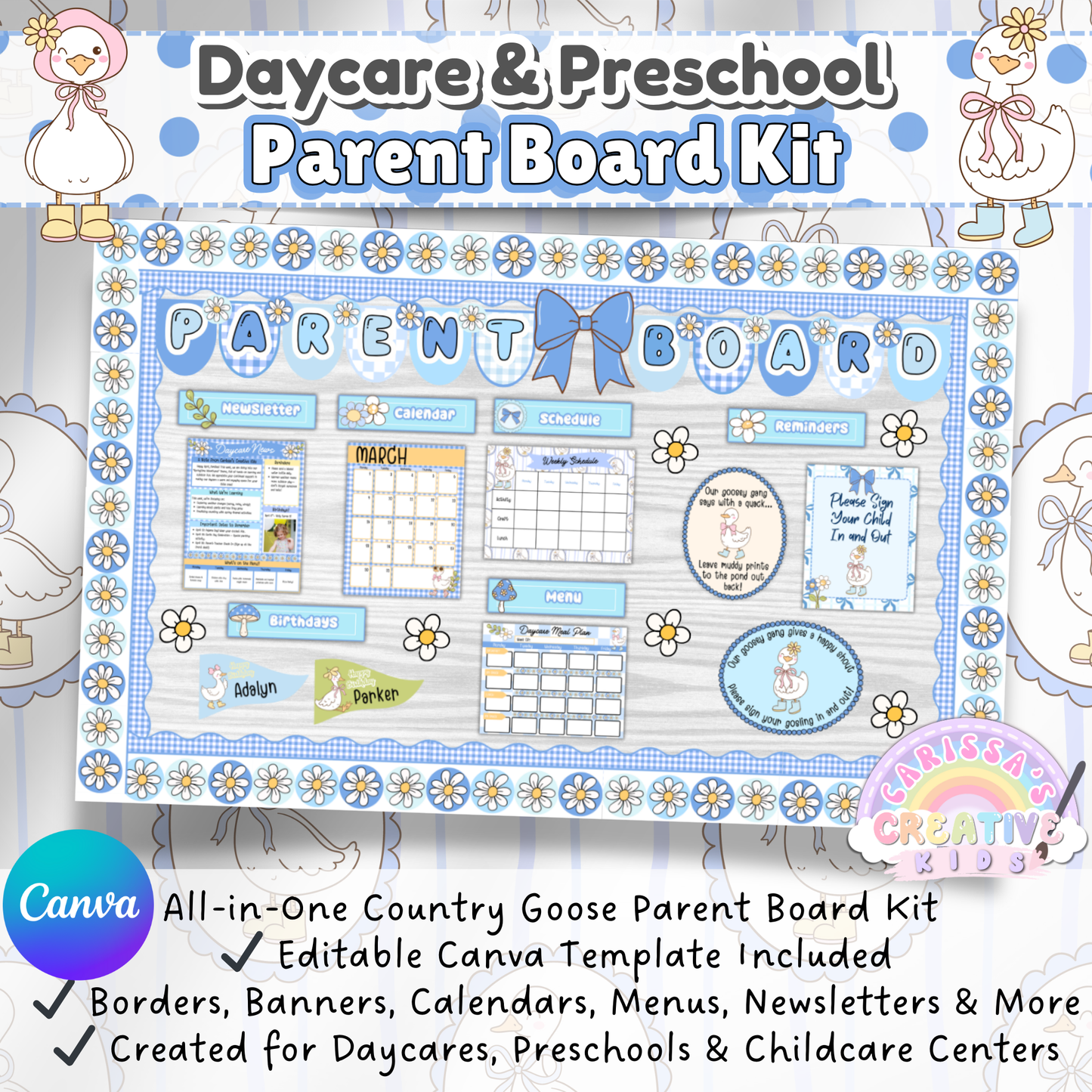 Editable Country Goose Parent Board Kit for daycare and preschool settings. Includes banners, reminders, menus, calendars, and schedules with a vintage retro classroom aesthetic.