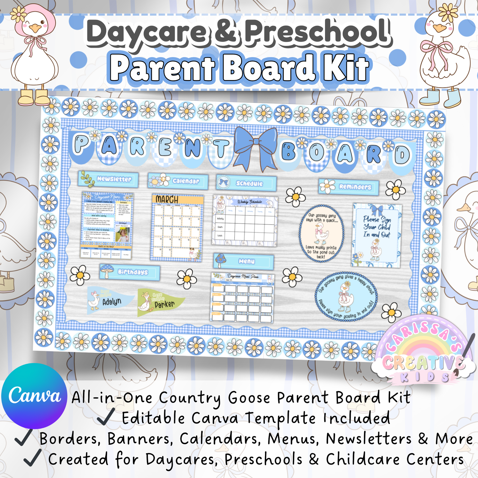 Editable Country Goose Parent Board Kit for daycare and preschool settings. Includes banners, reminders, menus, calendars, and schedules with a vintage retro classroom aesthetic.
