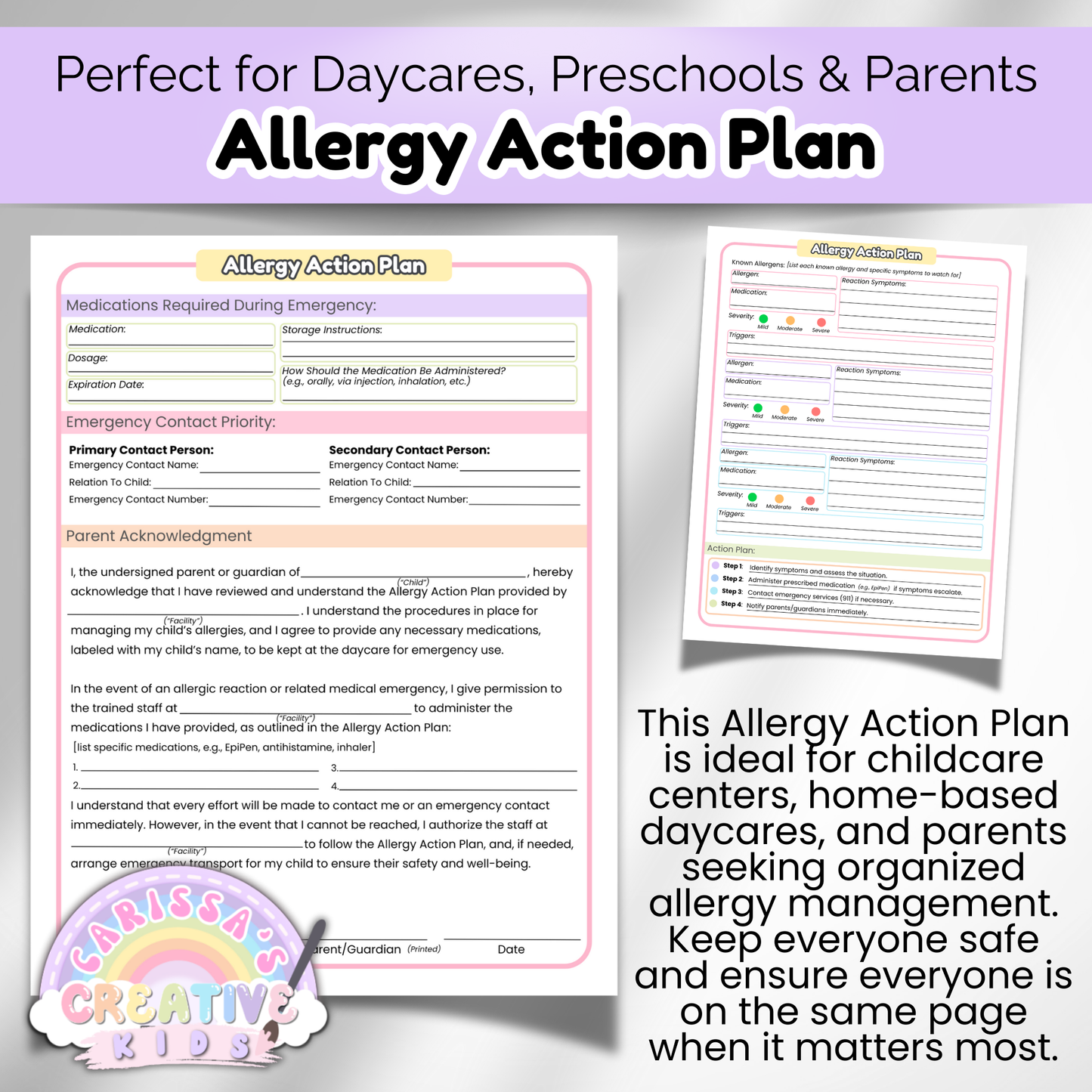 Preview of printable allergy action plan form for daycare and preschool. Designed for childcare centers, home daycares, and parents to organize allergy emergency procedures. Includes editable sections for emergency contacts and medications.