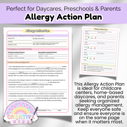 Preview of printable allergy action plan form for daycare and preschool. Designed for childcare centers, home daycares, and parents to organize allergy emergency procedures. Includes editable sections for emergency contacts and medications.