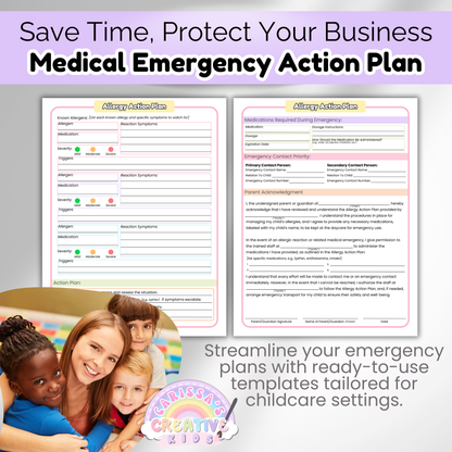 Allergy Emergency Action Plan preview with sections for allergens, severity, emergency contact, and parent acknowledgment—paired with a smiling teacher and preschoolers to emphasize trust and preparedness in childcare settings.