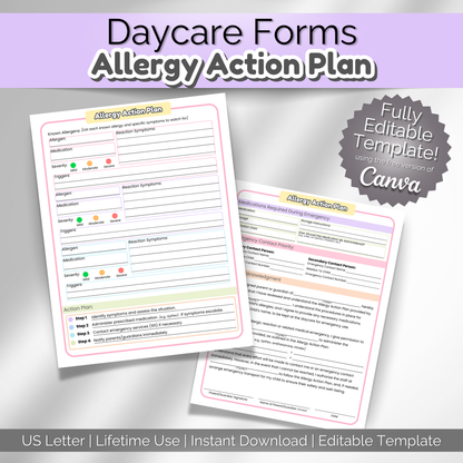 Main listing image for editable allergy action plan form for daycare and preschool. Includes two-page printable medical form template with emergency steps, allergen details, and space for EpiPen instructions. Editable using Canva.