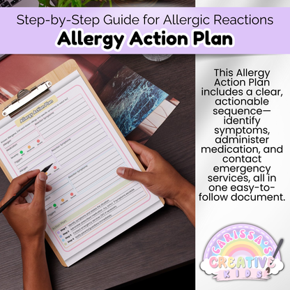 Hands holding a printed allergy action plan on a clipboard. The form provides a step-by-step emergency procedure to identify allergy symptoms, administer medication, and contact emergency services. Designed for use in daycares and preschools.
