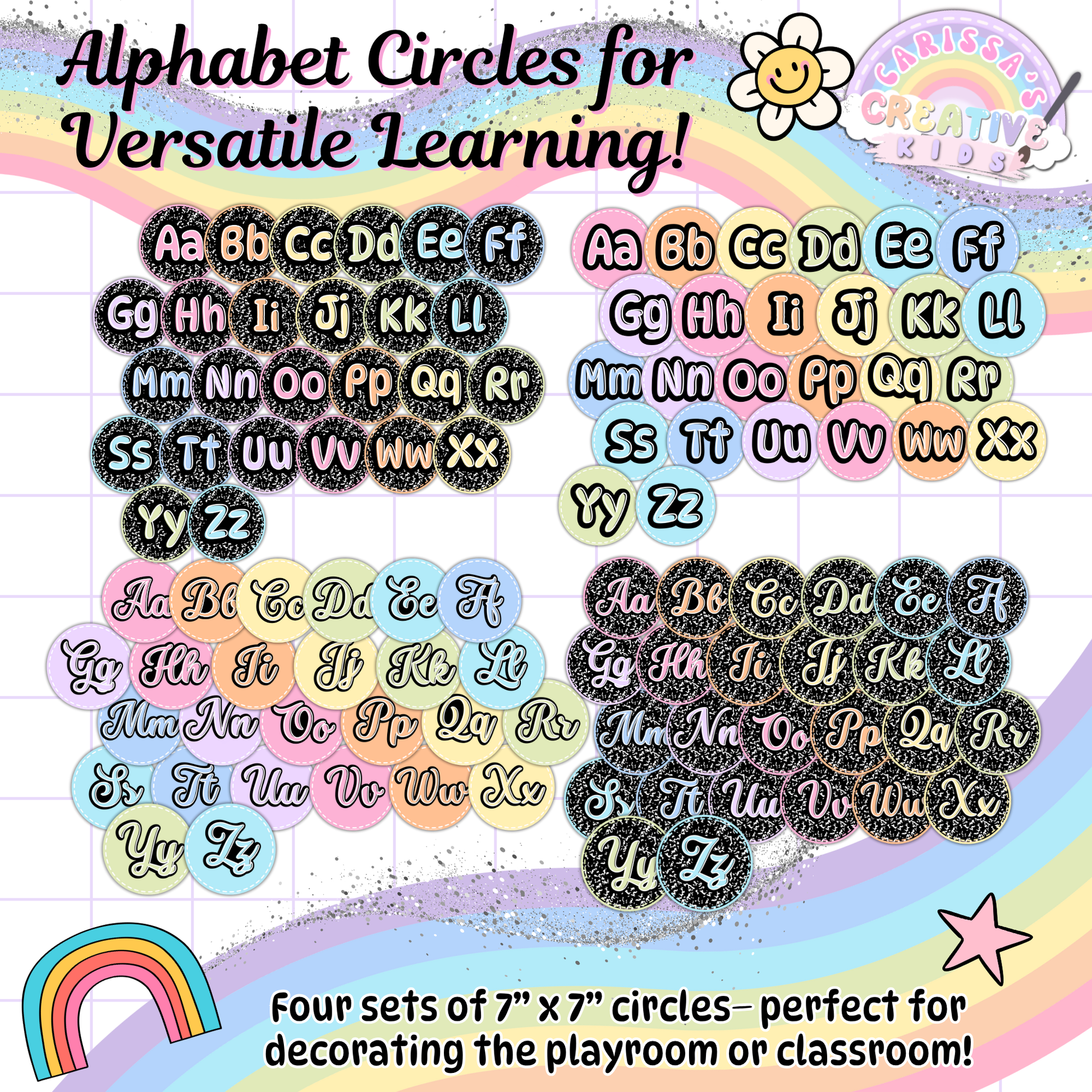Four full sets of 7" x 7" retro alphabet circles with uppercase and lowercase letters in both print and cursive. Great for decorating bulletin boards, phonics centers, playroom walls, or preschool and kindergarten homeschool learning spaces.