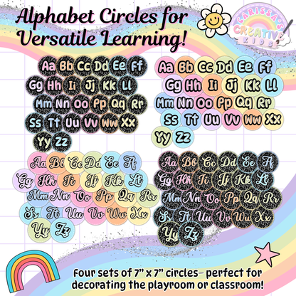 Four full sets of 7" x 7" retro alphabet circles with uppercase and lowercase letters in both print and cursive. Great for decorating bulletin boards, phonics centers, playroom walls, or preschool and kindergarten homeschool learning spaces.