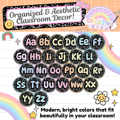 Round alphabet letter posters in a full A–Z set with bright retro colors and black chalk-style backgrounds. Designed to organize classroom walls, word walls, or phonics areas. Great for preschool, kindergarten, homeschool, and daycare learning spaces.